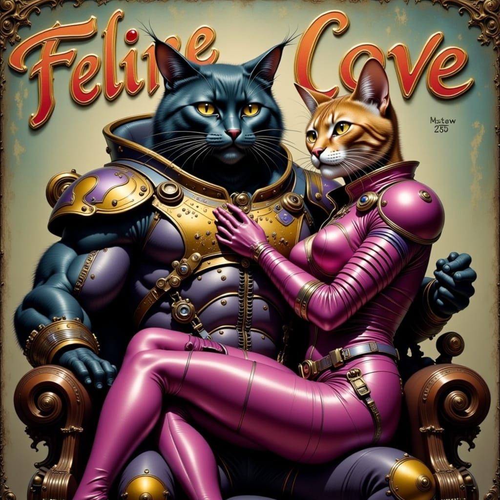 Retro-Futuristic Feline Lovers in Distressed Sci-Fi Setting