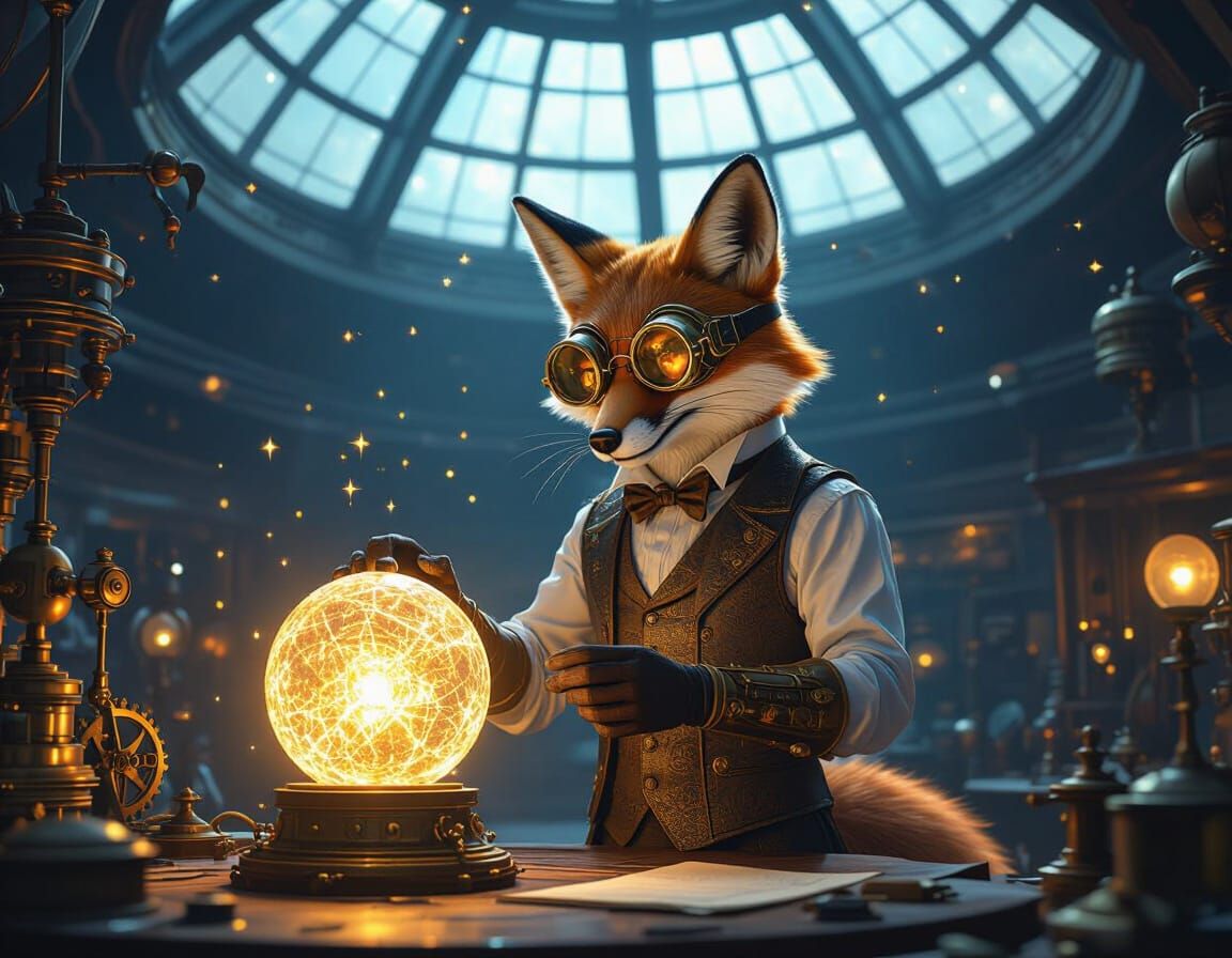 Fox Scholar Examines Glowing Artifact in Steampunk Observato...