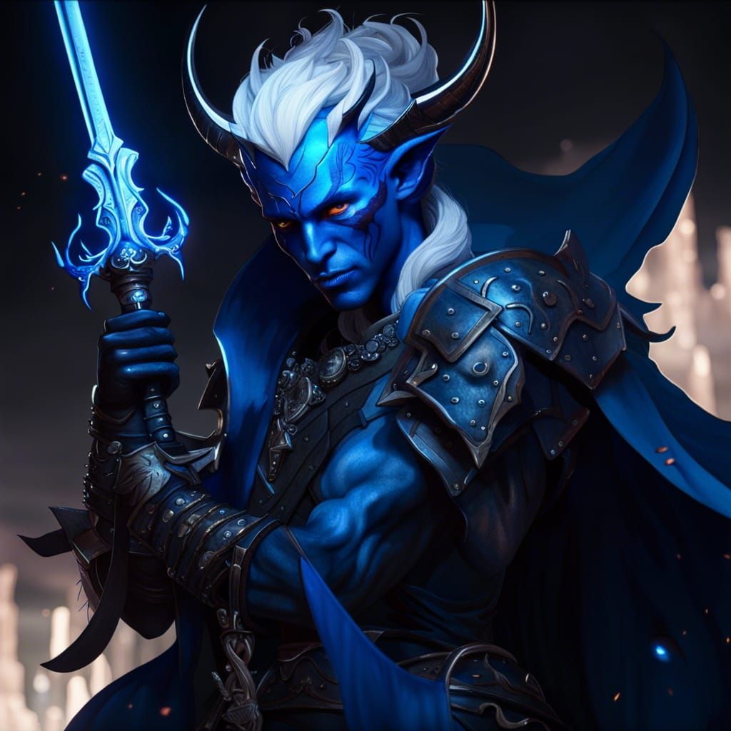 Blue Tiefling Warrior with Greatsword, Fantasy Art