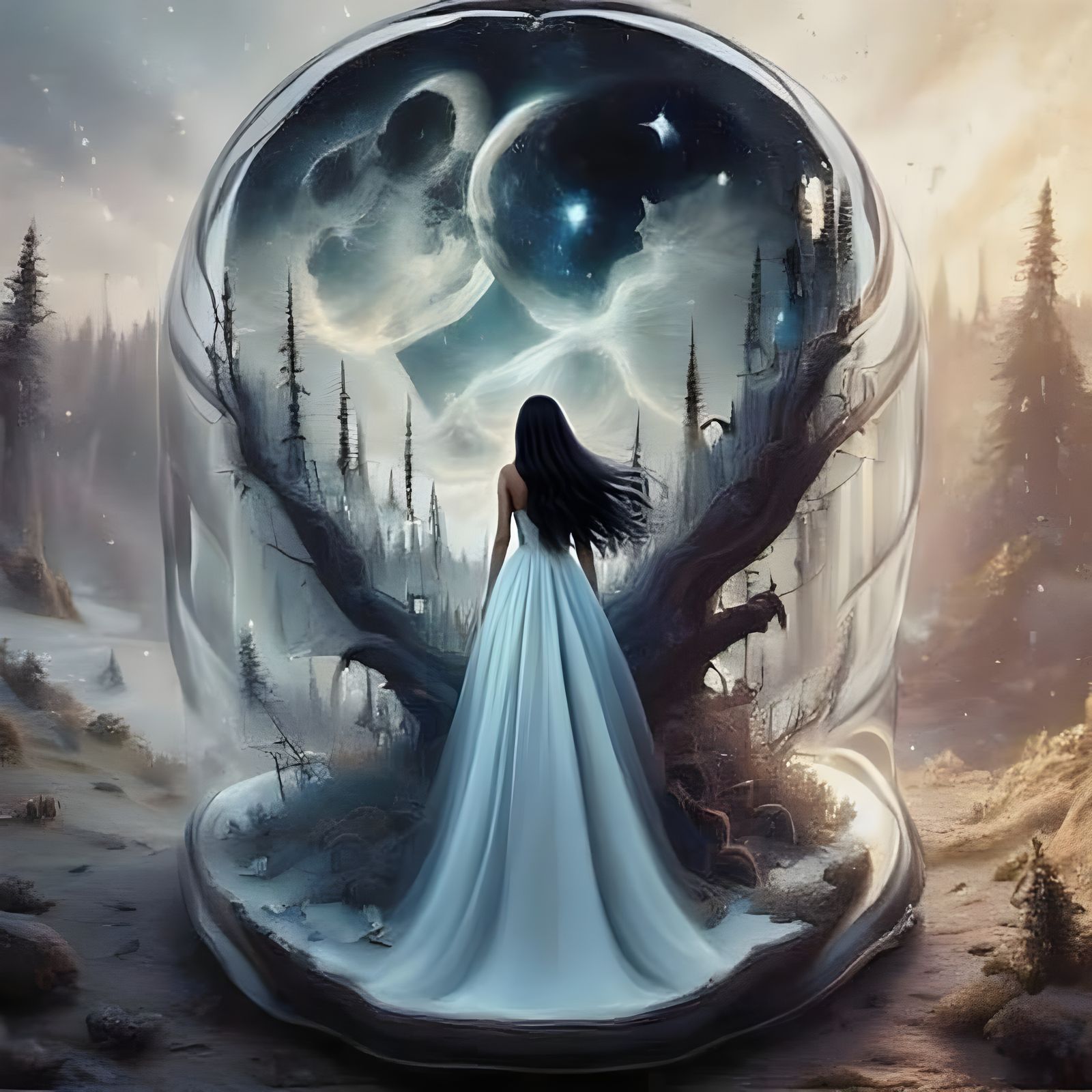 Woman's Profile Double Exposed with Pine Tree at Twilight