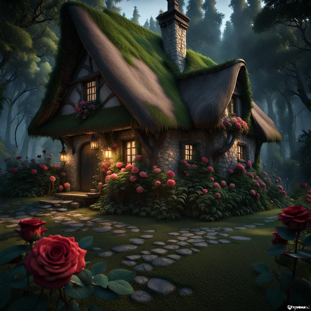 Romantic Cottage in Dark Forest, Fantasy Concept Art