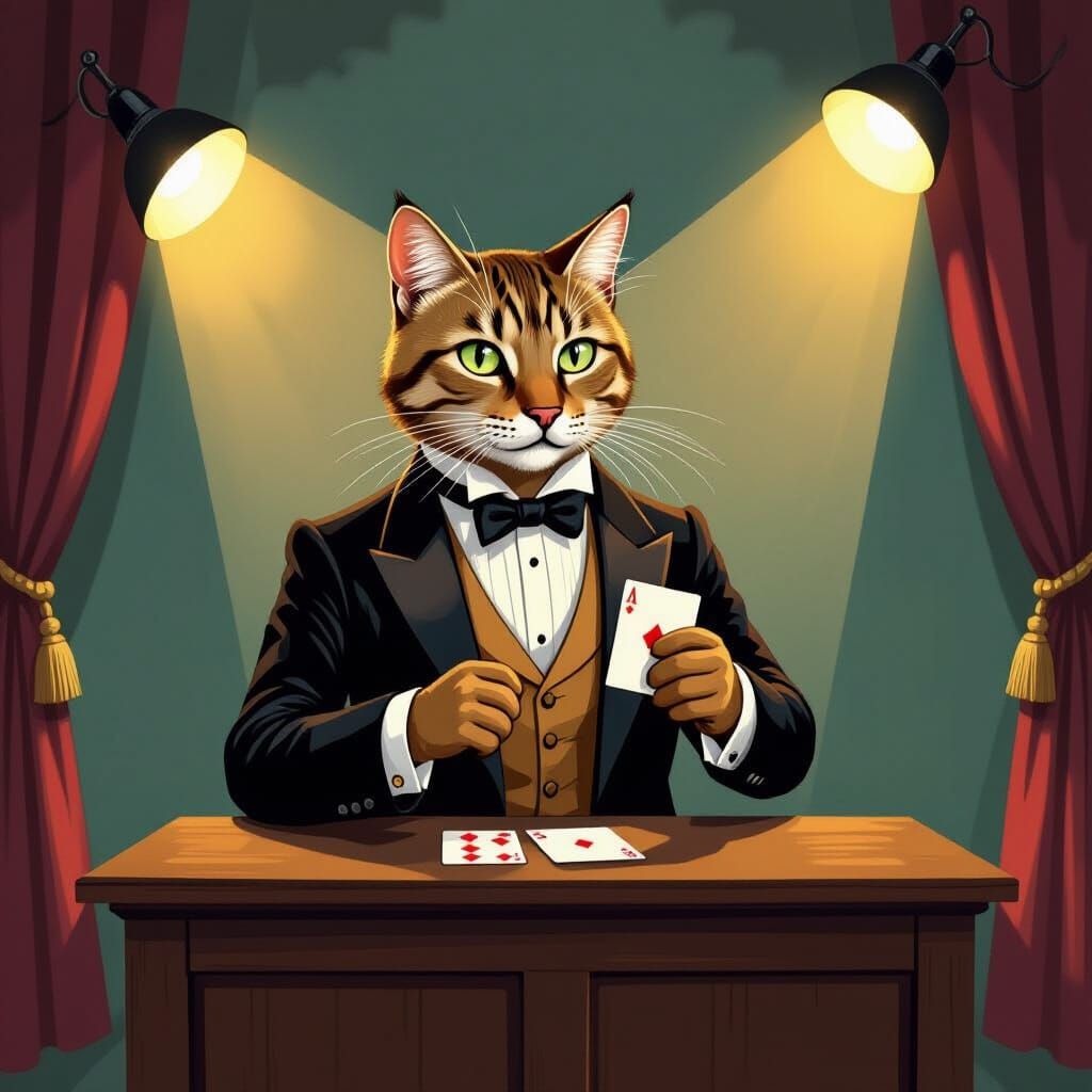 Anthropomorphic Cat Actor in Surreal Spotlight