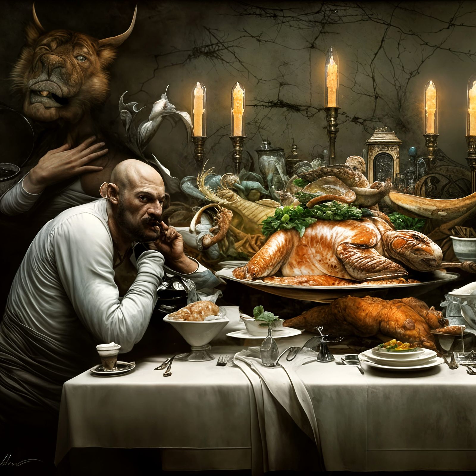 Hyperrealistic Waiter with Fresh Dinner, Digital Art