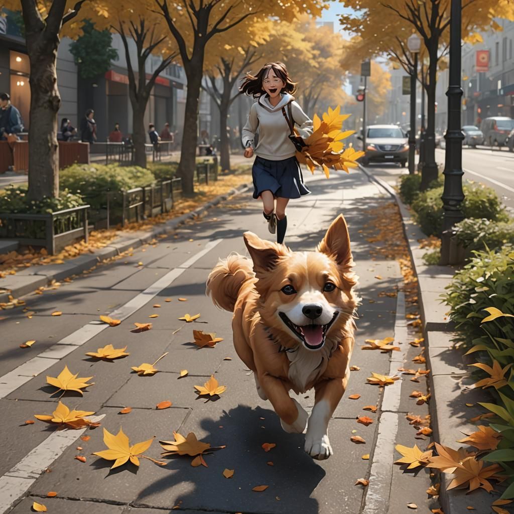 Joyful Girl Creates Wind Dog in Anime Style