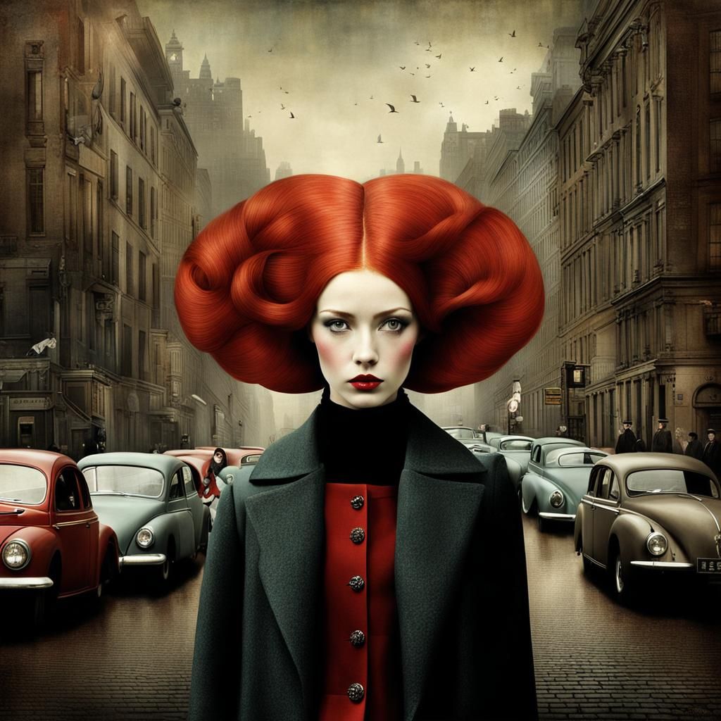 Redhead Beauty in Urban Scene, Surreal Art
