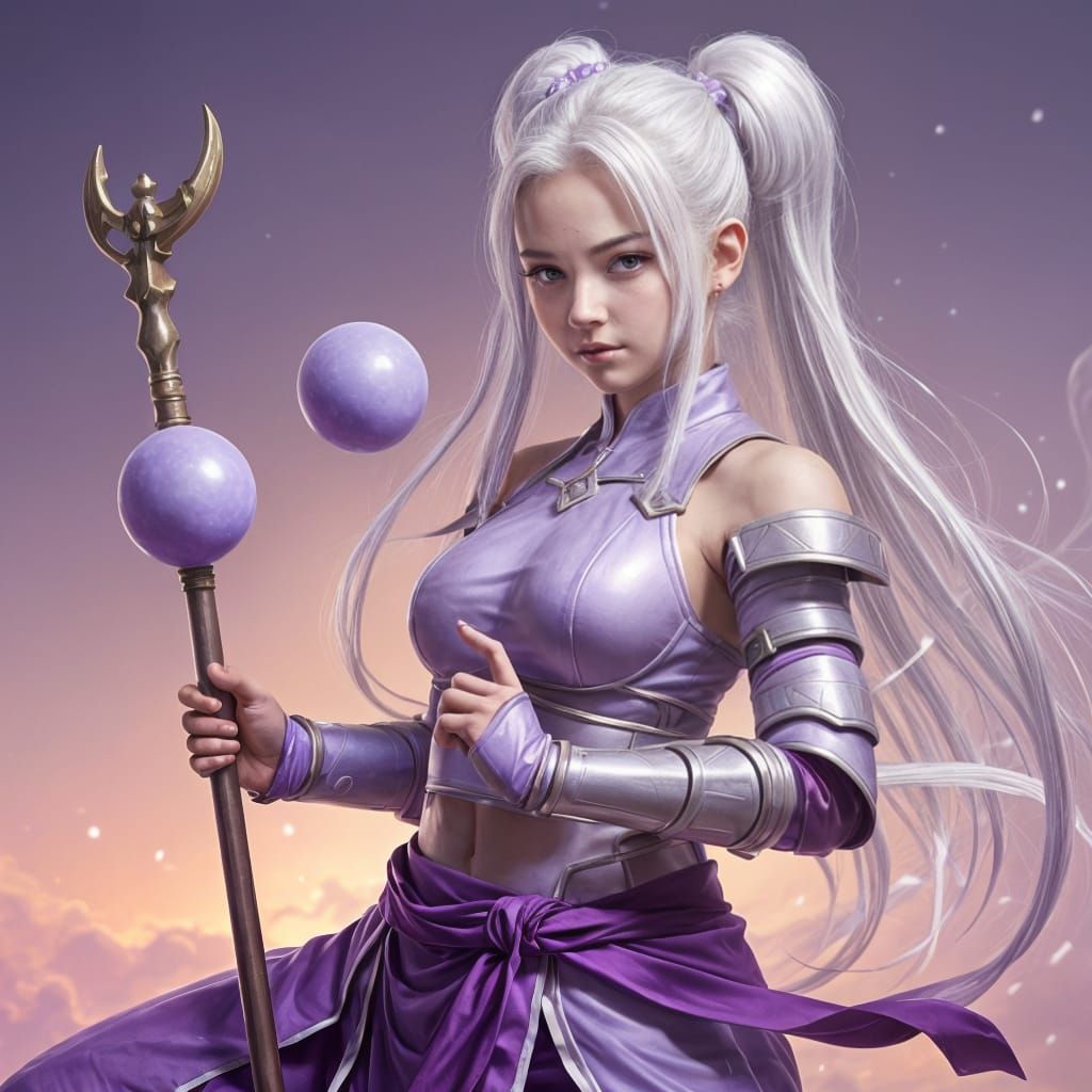 Anime Monk with Purple Armor and Magic Orbs