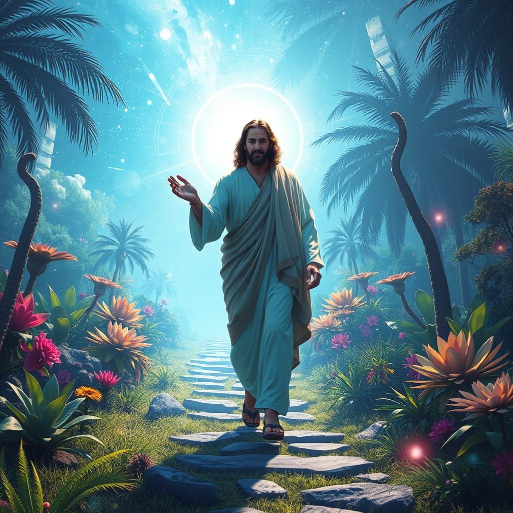 Jesus Walks with a Man in a Futuristic Astral Garden
