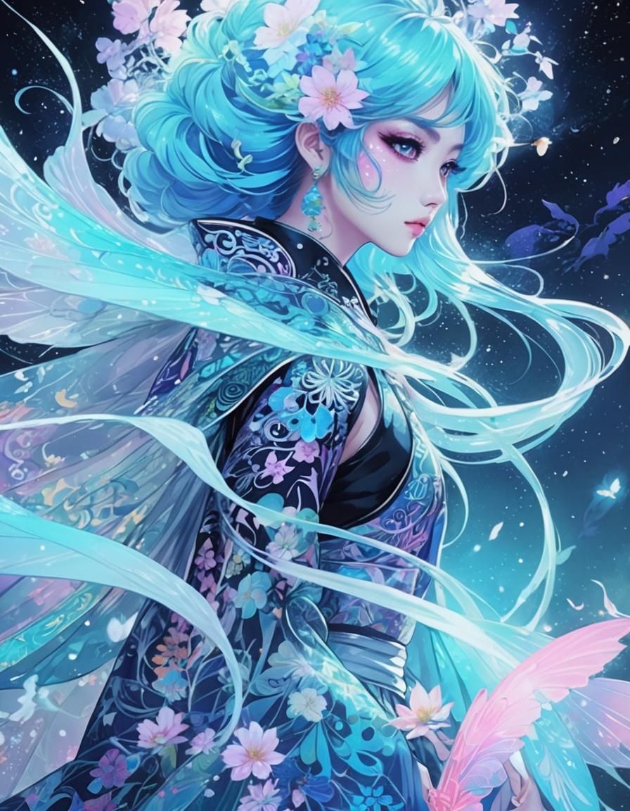 Anime Fairy with Bioluminescent Wings in Dark Forest