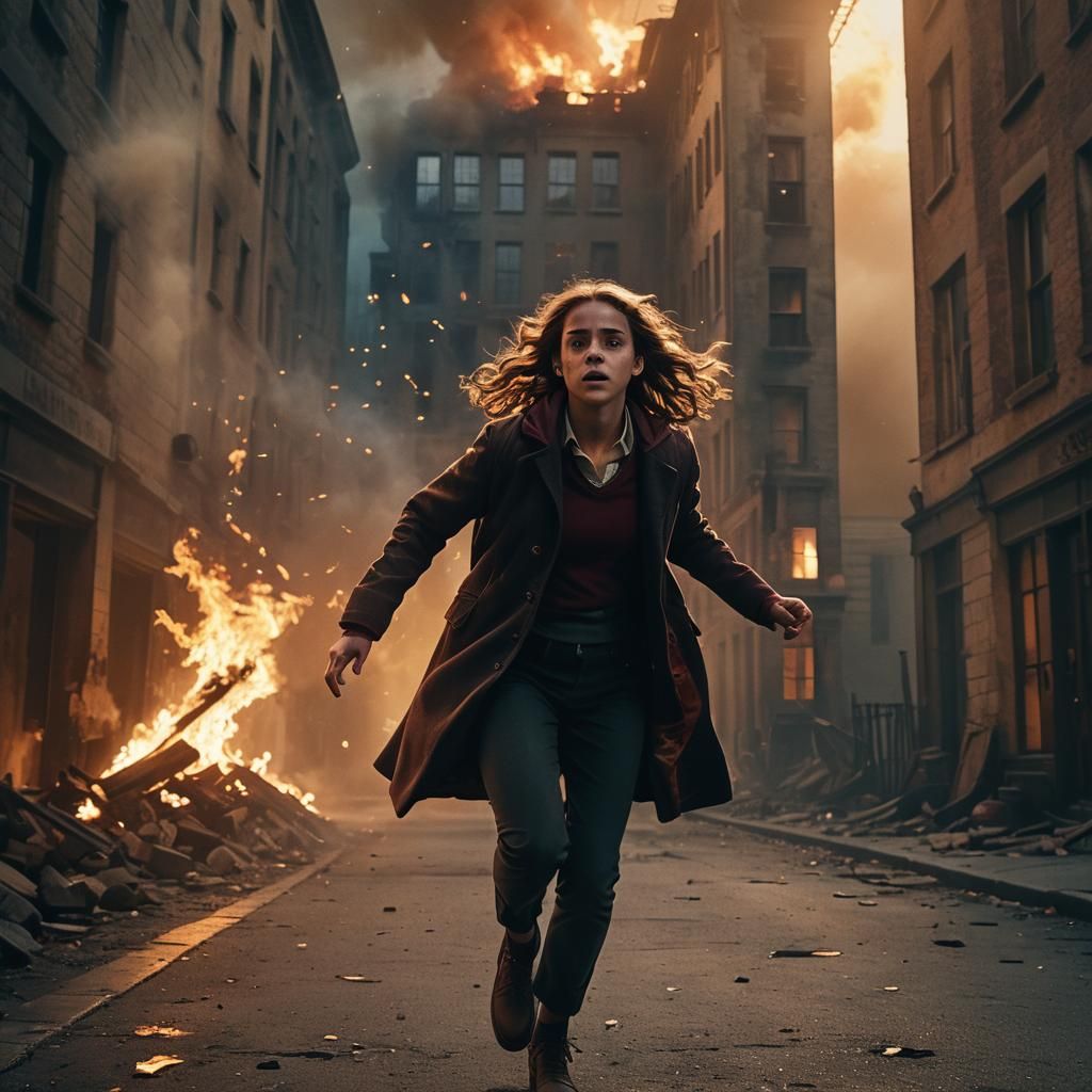 Hermione Escapes Burning Building: Cinematic Film Still