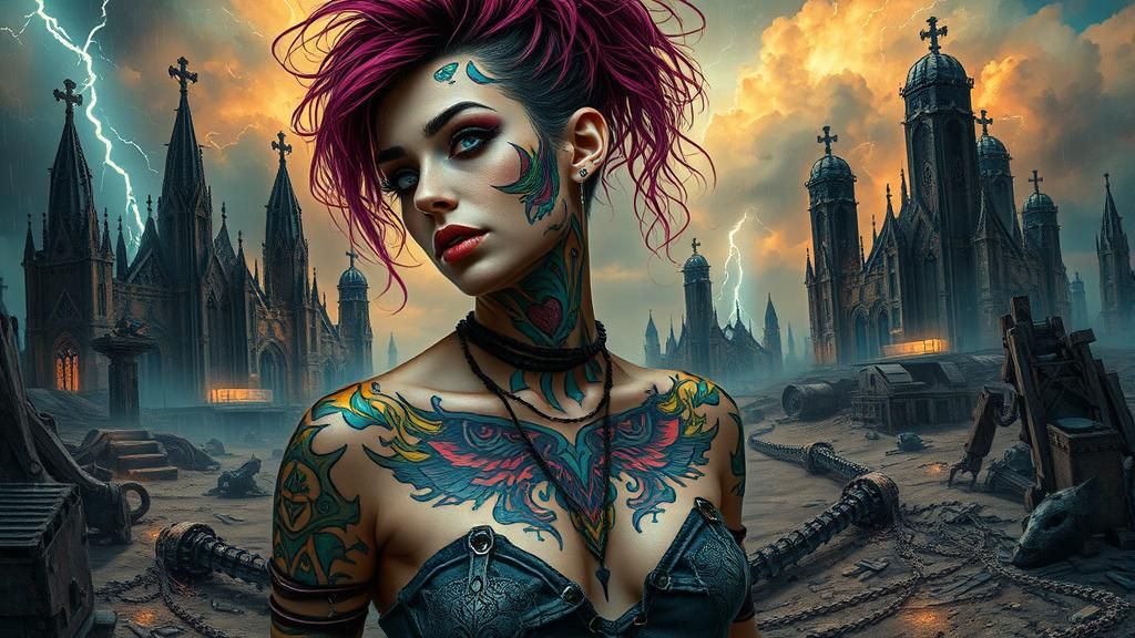 Punk Rock Woman in Wasteland Storm, Gothic Art