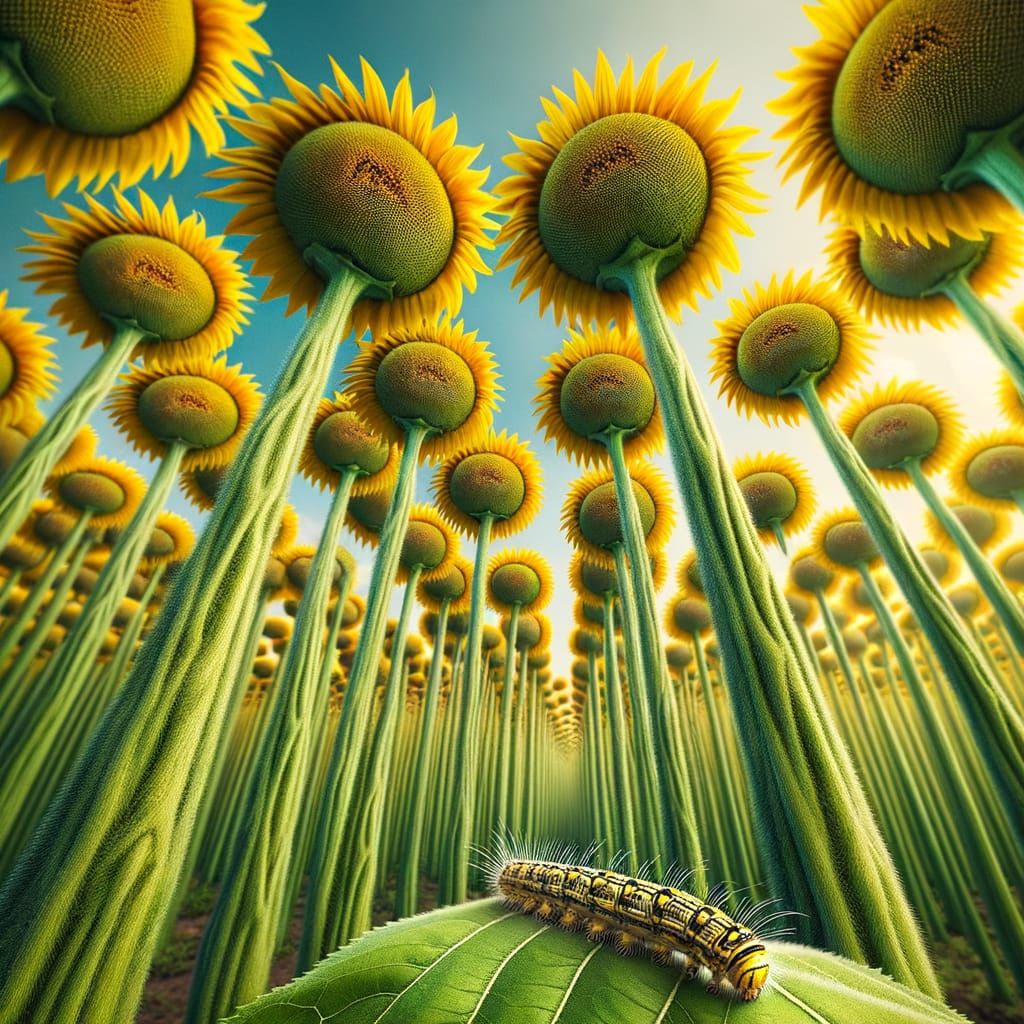 Caterpillar Explores Giant Sunflower Forest