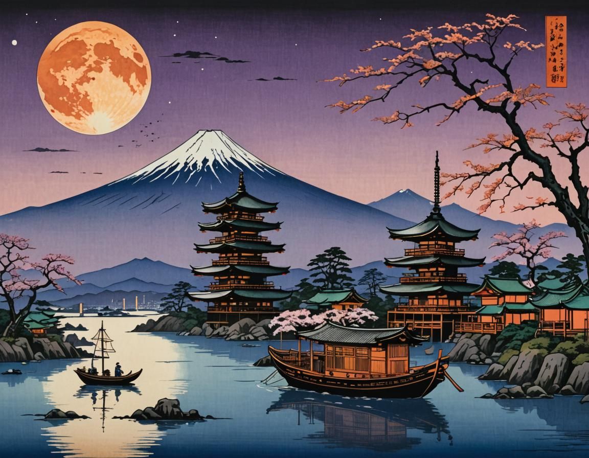 Mount Fuji in Ukiyo-e Woodblock Print Style