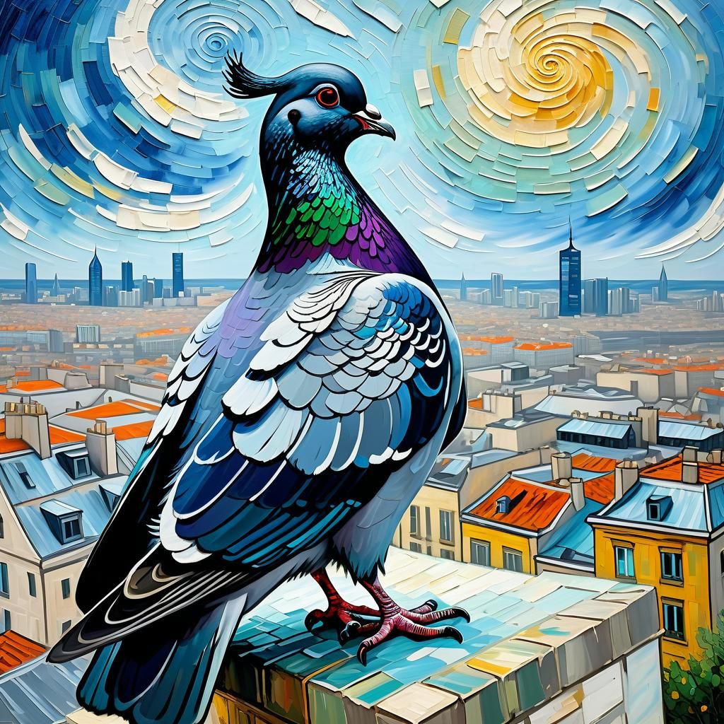Impressionist Pigeon Overlooking Cityscape as Van Gogh Paint...