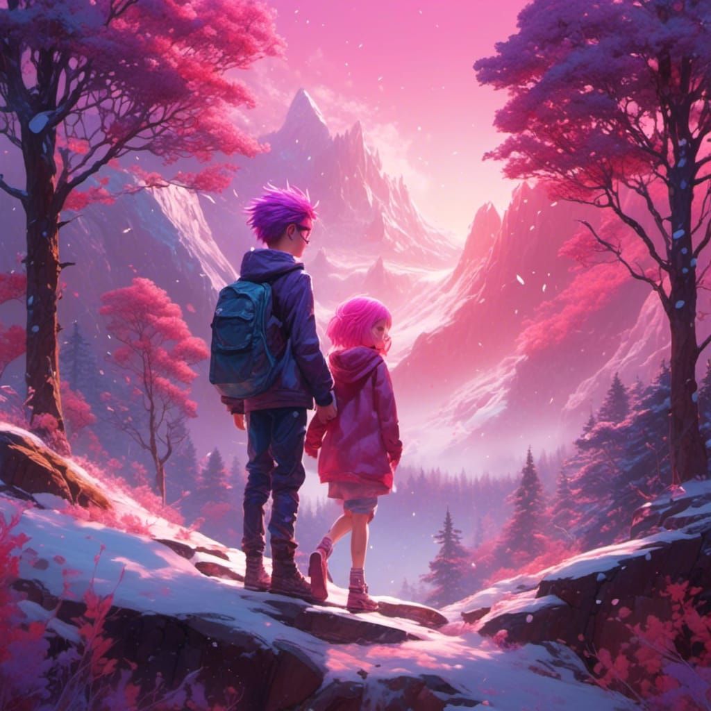 Hyperrealistic Sunrise Scene: Boy and Girl Holding Hands