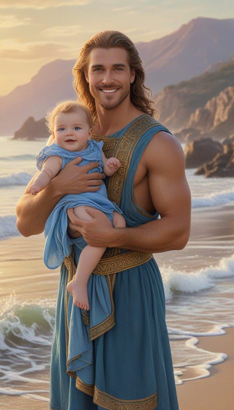 Achilles Embraces His Daughter in an Ethereal Greek Paradise