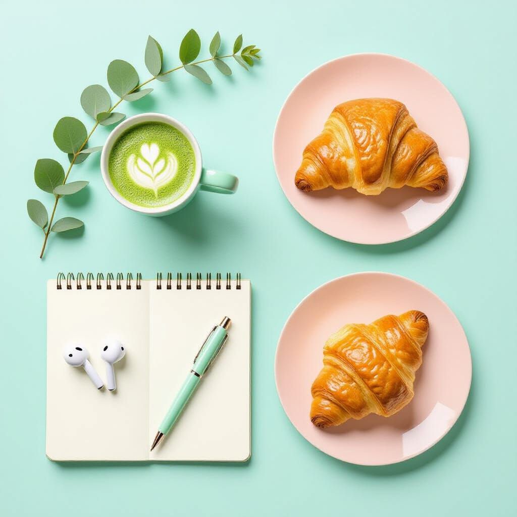 Pastel Still Life with Matcha Latte and Croissant
