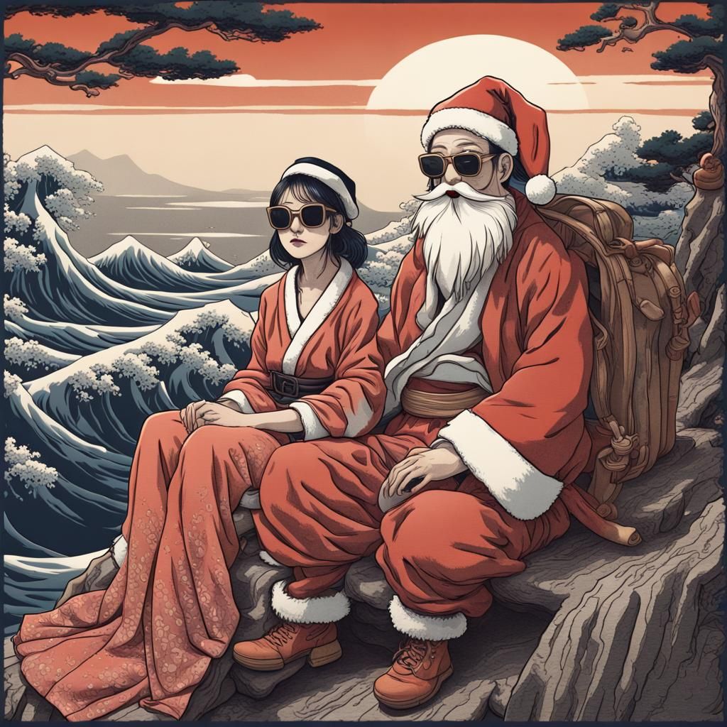 Santa Claus in Sunglasses, Hokusai Style Woodblock Print