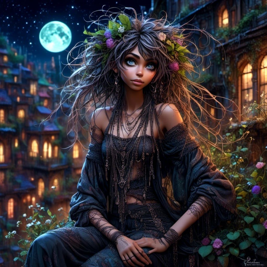 Punk Woman Gazing at Night Sky