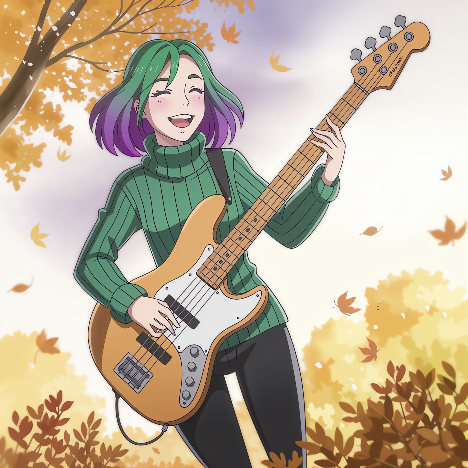 Cheerful Woman with Green Hair Playing Bass in Anime Style