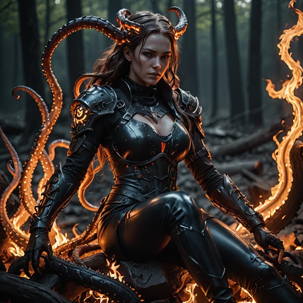 Armored Tentacle Girl by Campfire in CGI Style