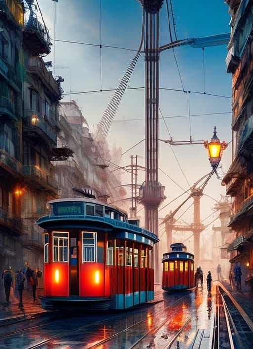 Futuristic Lisbon Tramway in Cyberpunk Style