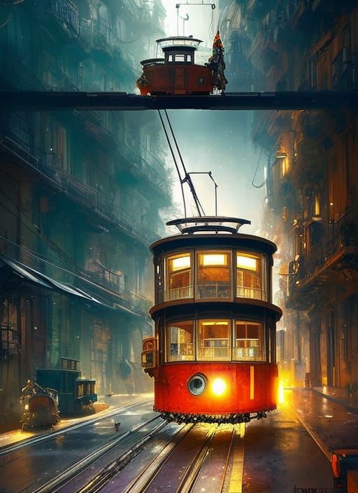 Futuristic Lisbon Tramway in Cyberpunk Neon