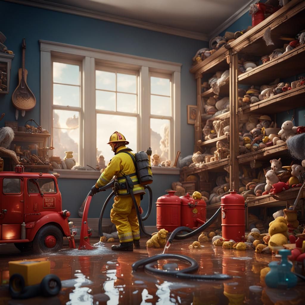 Fireman Cleans Toy Room: Detailed Fantasy Art