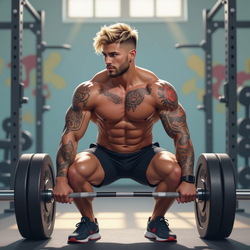 Athletic Man Pushing Weights in Gym