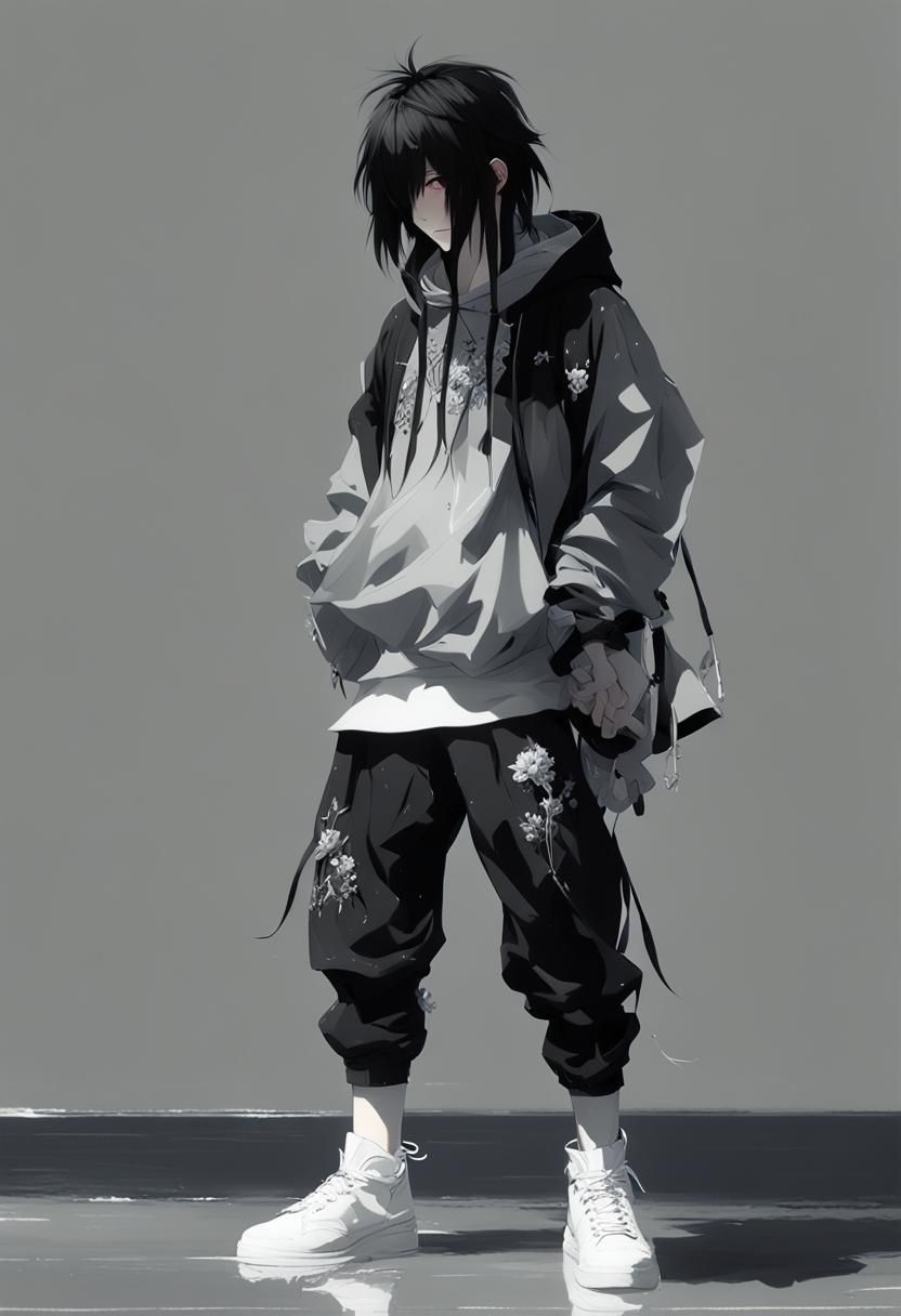 Elegant 3D Anime Character in Black and White