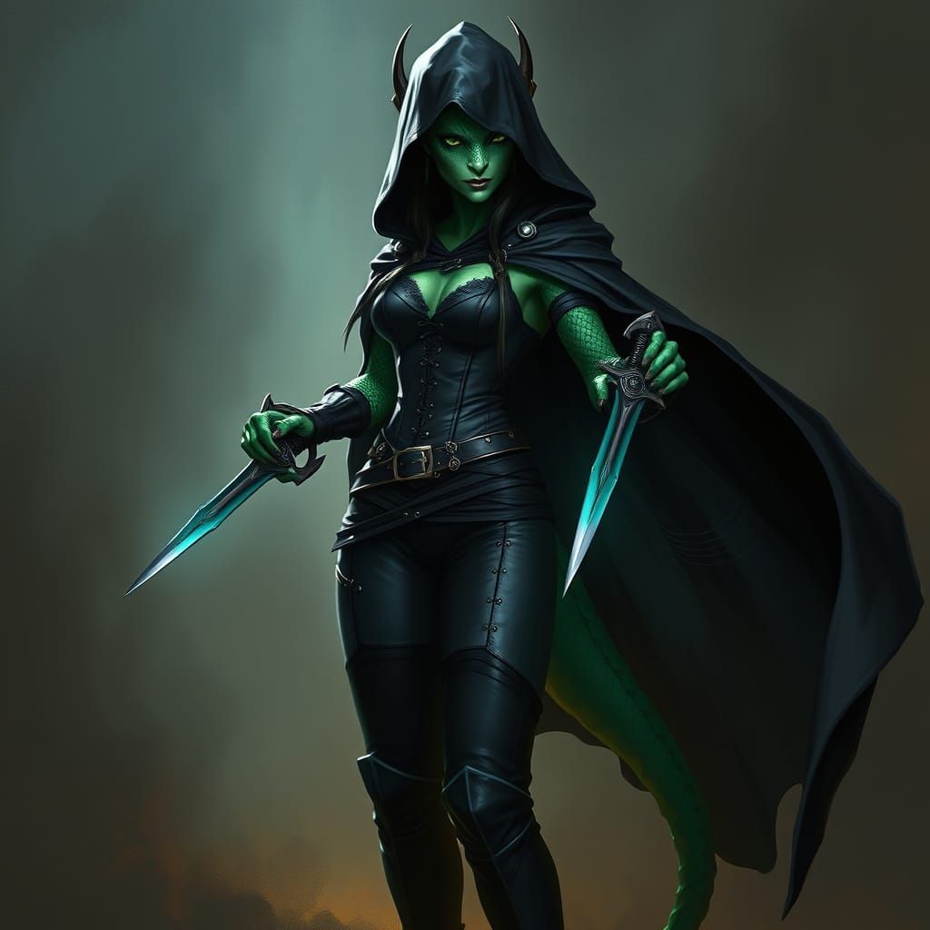 Elegant Dragonborn Warrior in Emerald Green Scales, Dark Fan...