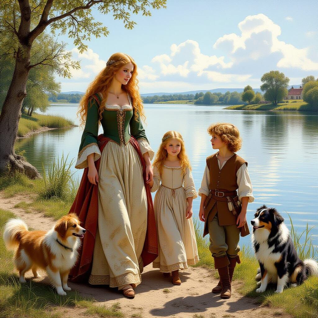 Medieval Family Stroll by Sunny Lake as Historical Painting