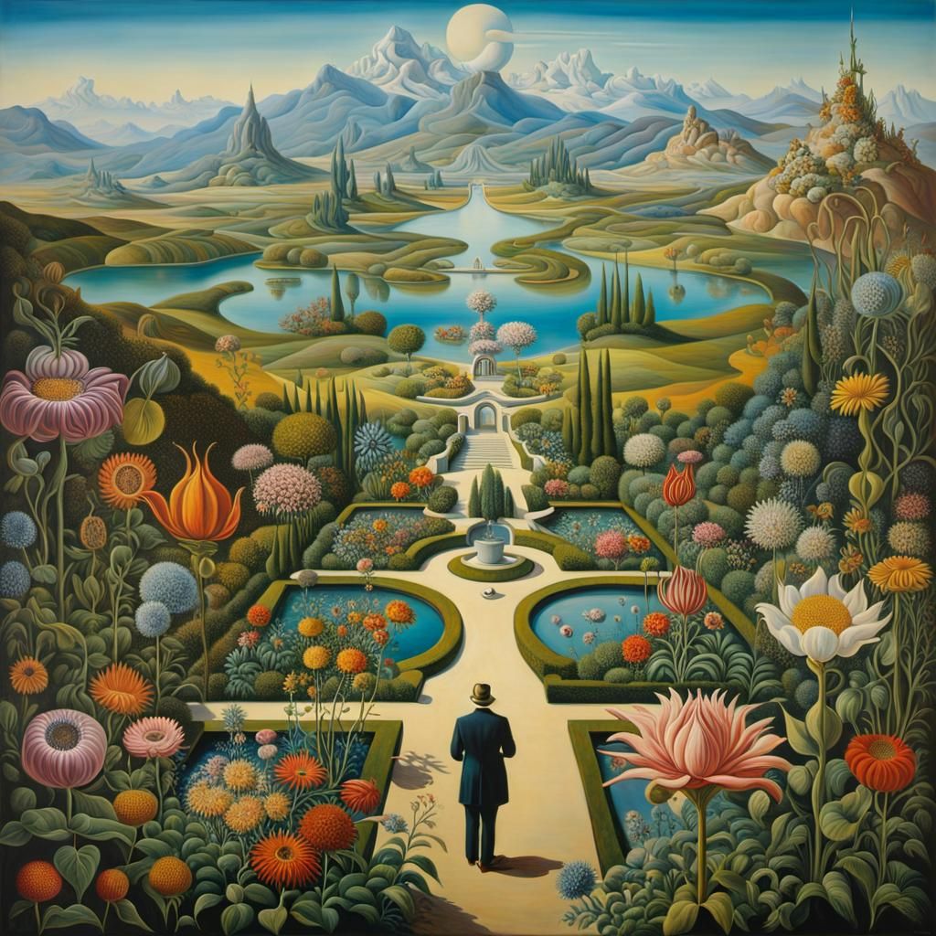 Surreal Garden with Human-Eyed Flowers: Melting Oil Painting