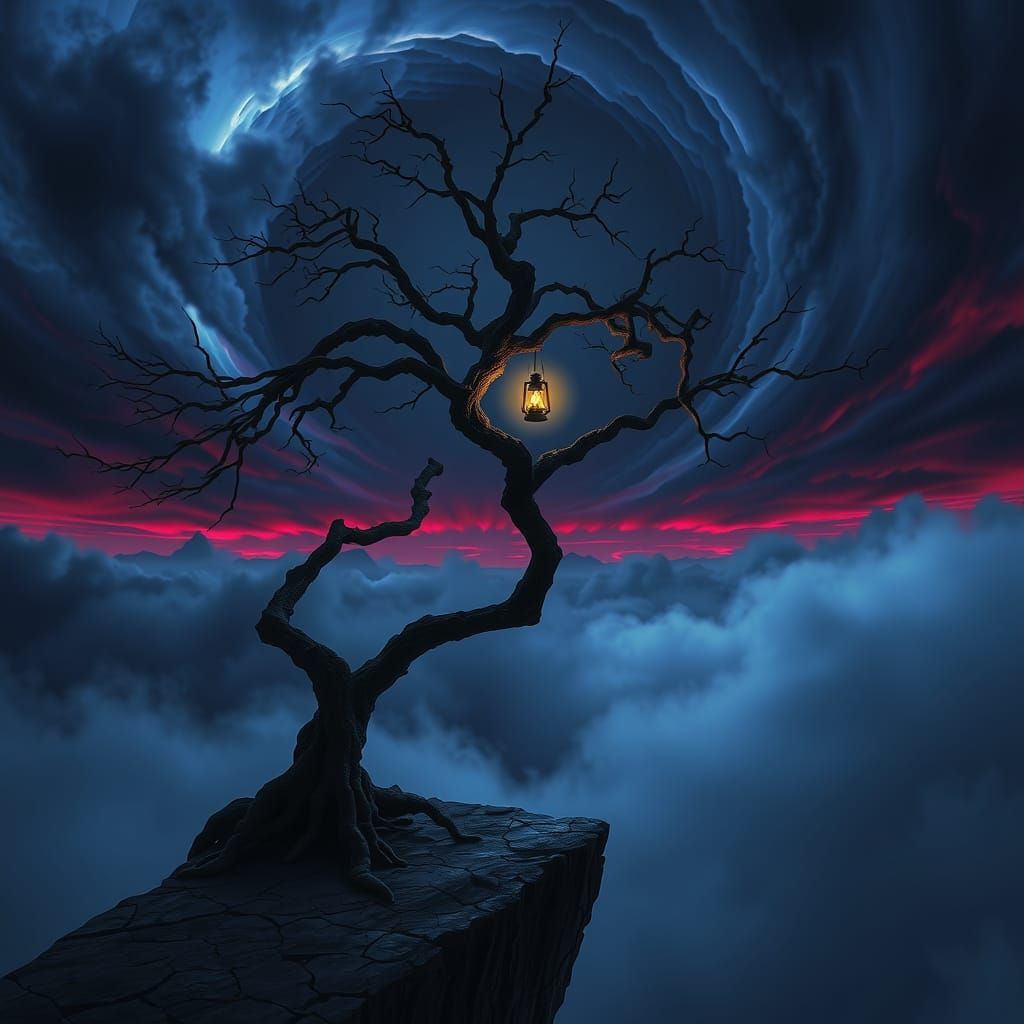 Twisted Tree on Fog-Covered Cliff Edge