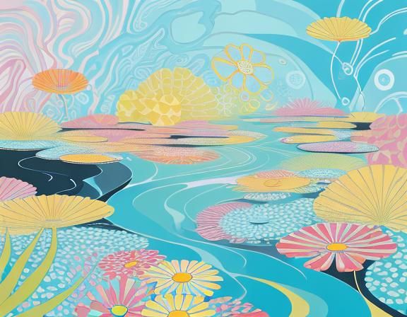 Kaleidoscopic Garden with River in Abstract Style