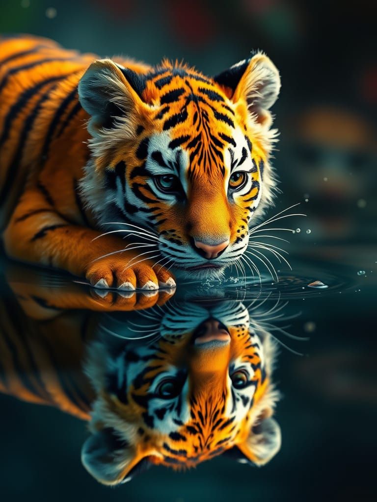 Small Tiger Sees Large Reflection, Hyperrealistic Splash Art