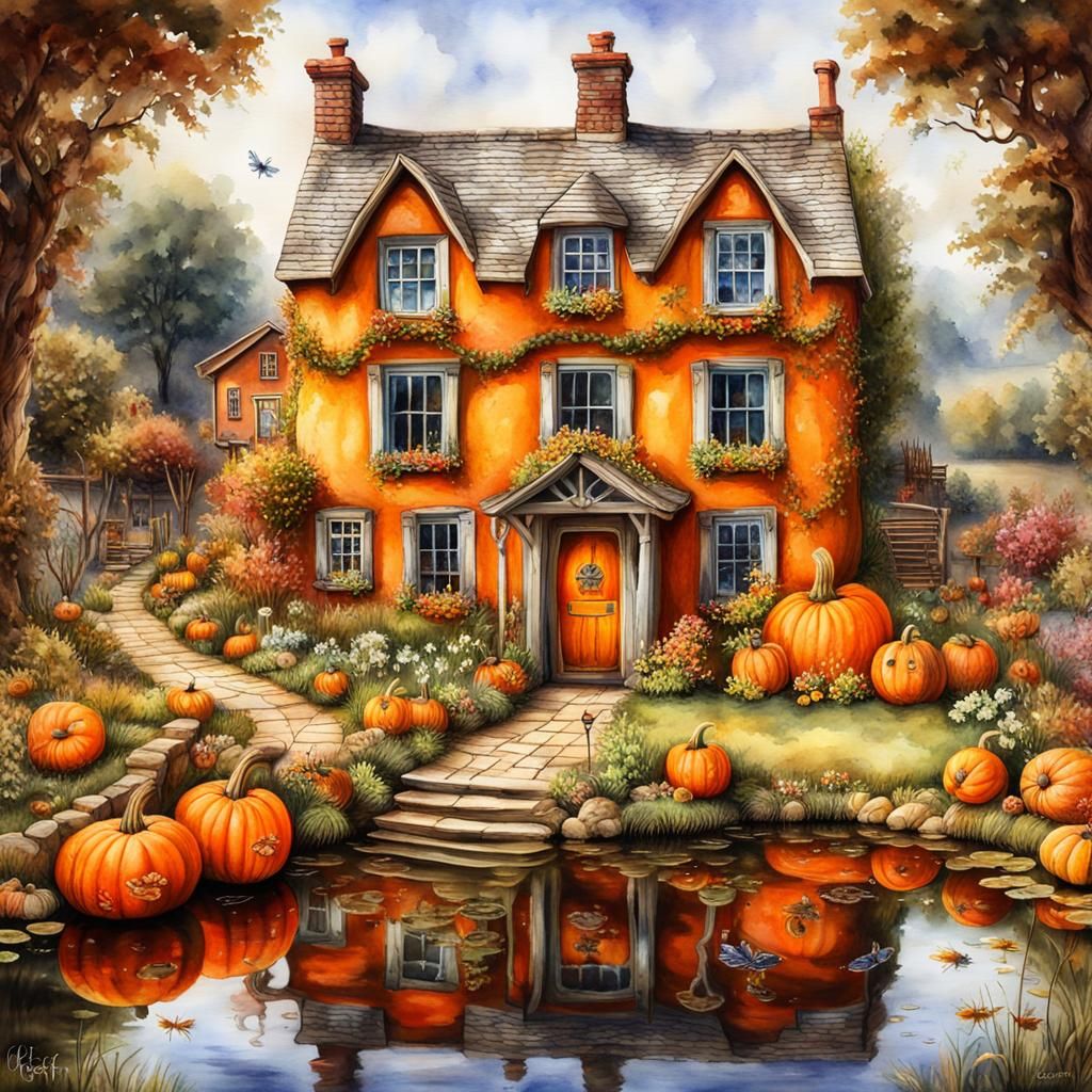 Magical Pumpkin House Watercolor Painting
