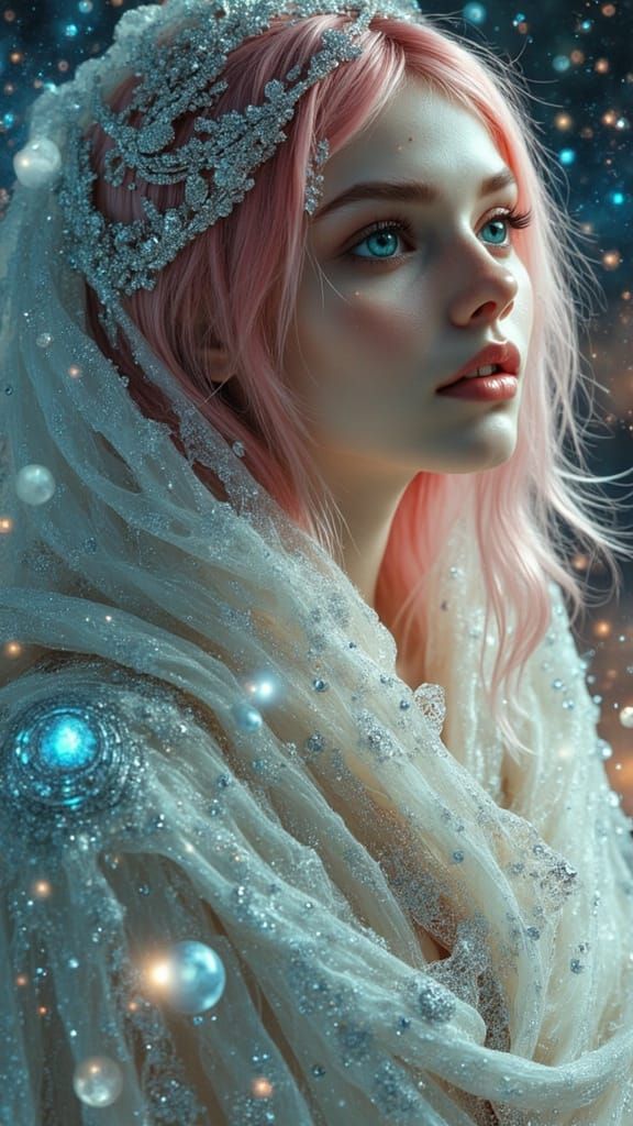 Ethereal Goddess in Celestial Aura with Vibrant Pink Hair an...