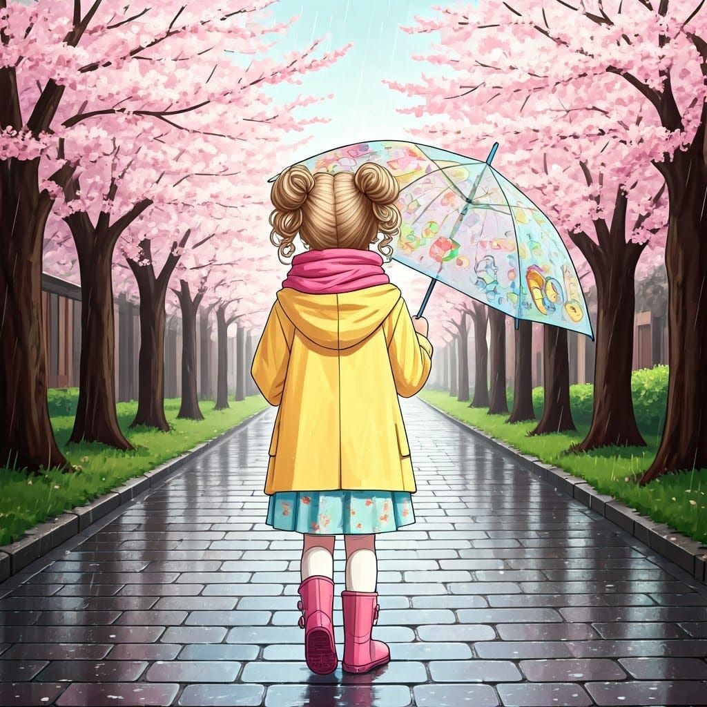 Adorable Girl Walks in Rainy Streets
