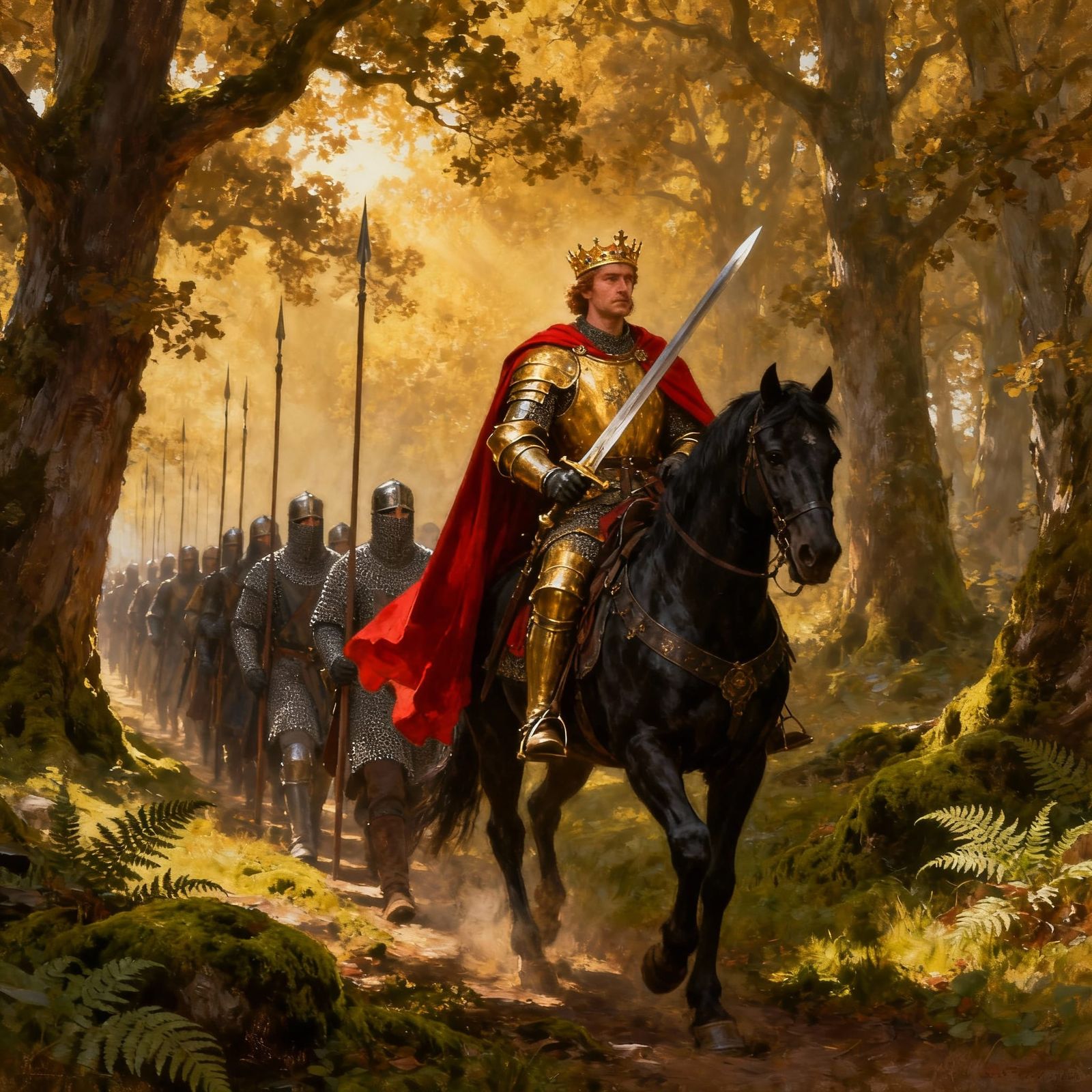 Medieval King Leads Troops Through Forest
