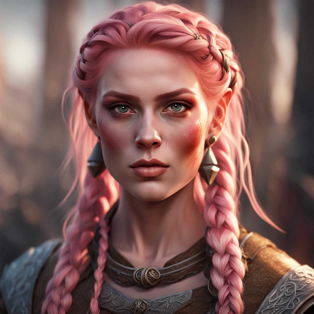 Viking Woman with Pink Hair, Digital Art Portrait