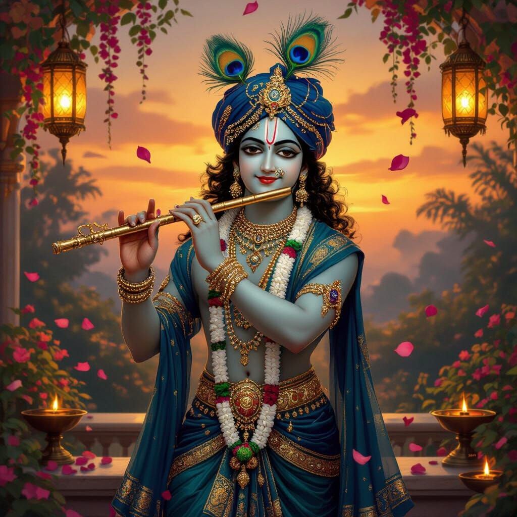 Krishna Statue in Twilight Garden, South Asian Art Style