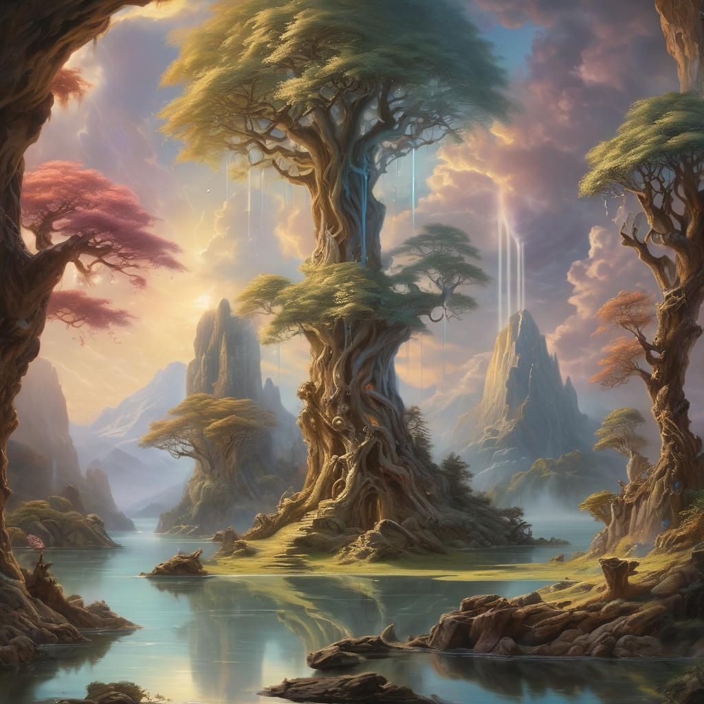 Surreal Fantasy Landscape with Glowing Runes