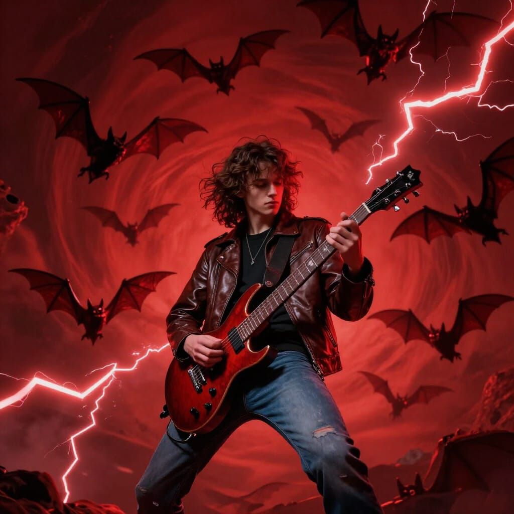 Teenage Boy Plays Guitar Amidst Flying Demon Bats