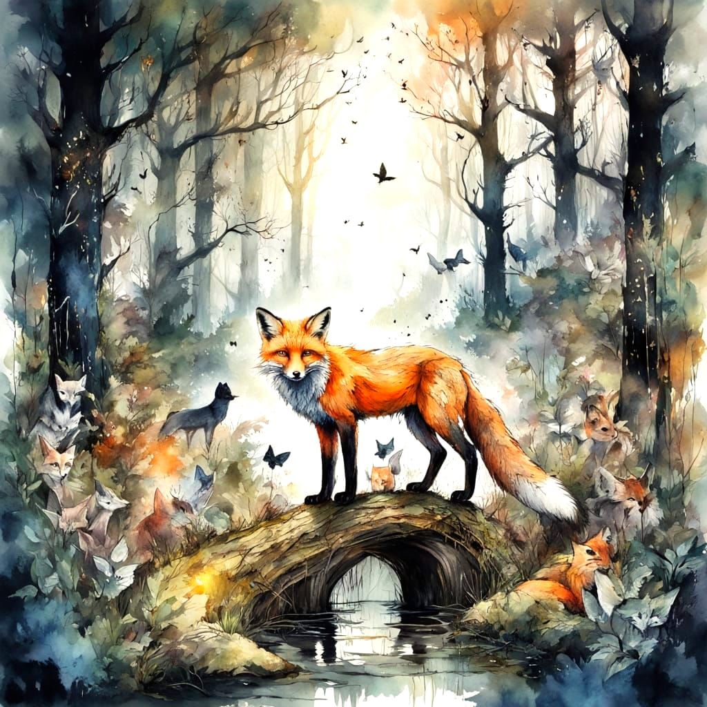 Fox and Cats in Forest, Watercolour Impasto Style