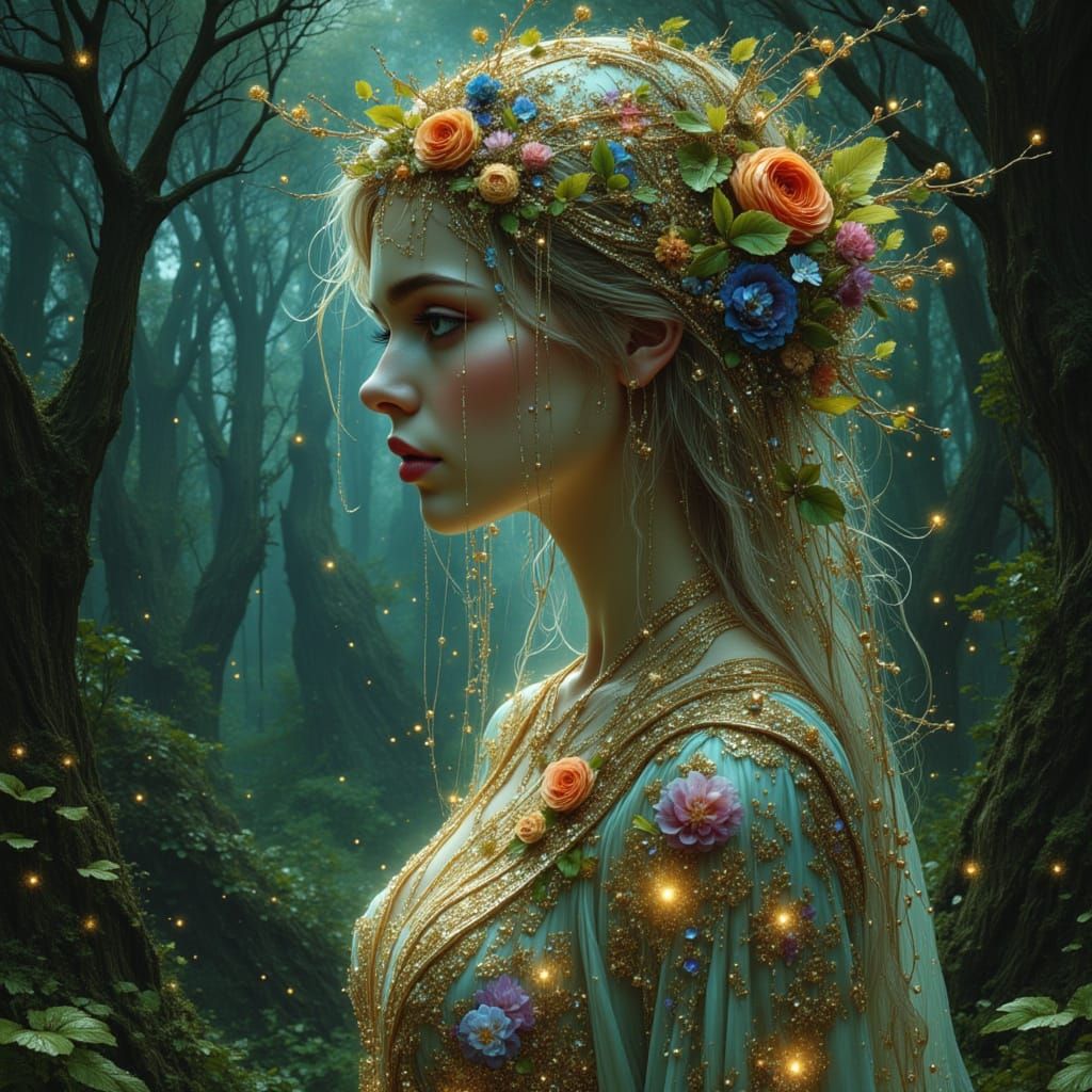 Regal Woman with Bioluminescent Hair in Fantasy Forest
