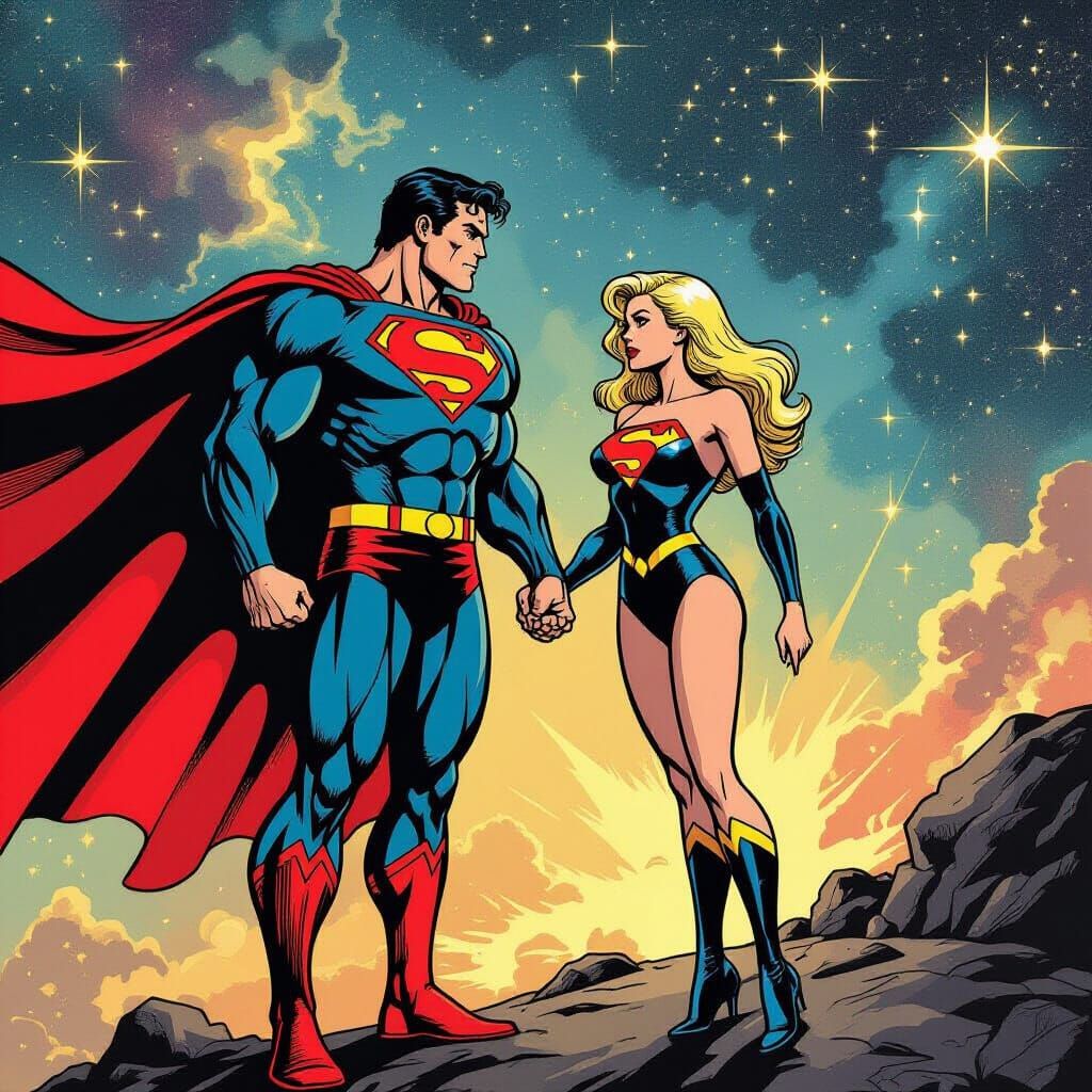 Hercules Superman in Black Costume Meets Blonde in Deep Spac...