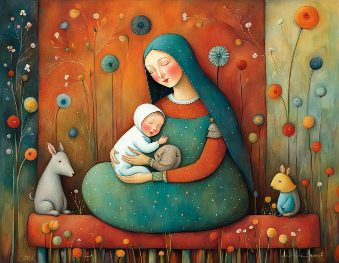 Loving Mother and Baby in Whimsical Art