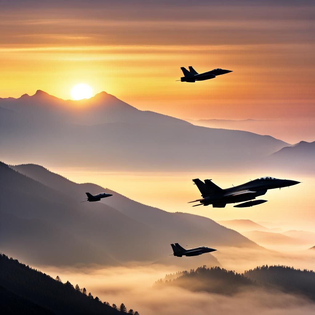 Sunrise over the mountains and rein fighter jets flyby