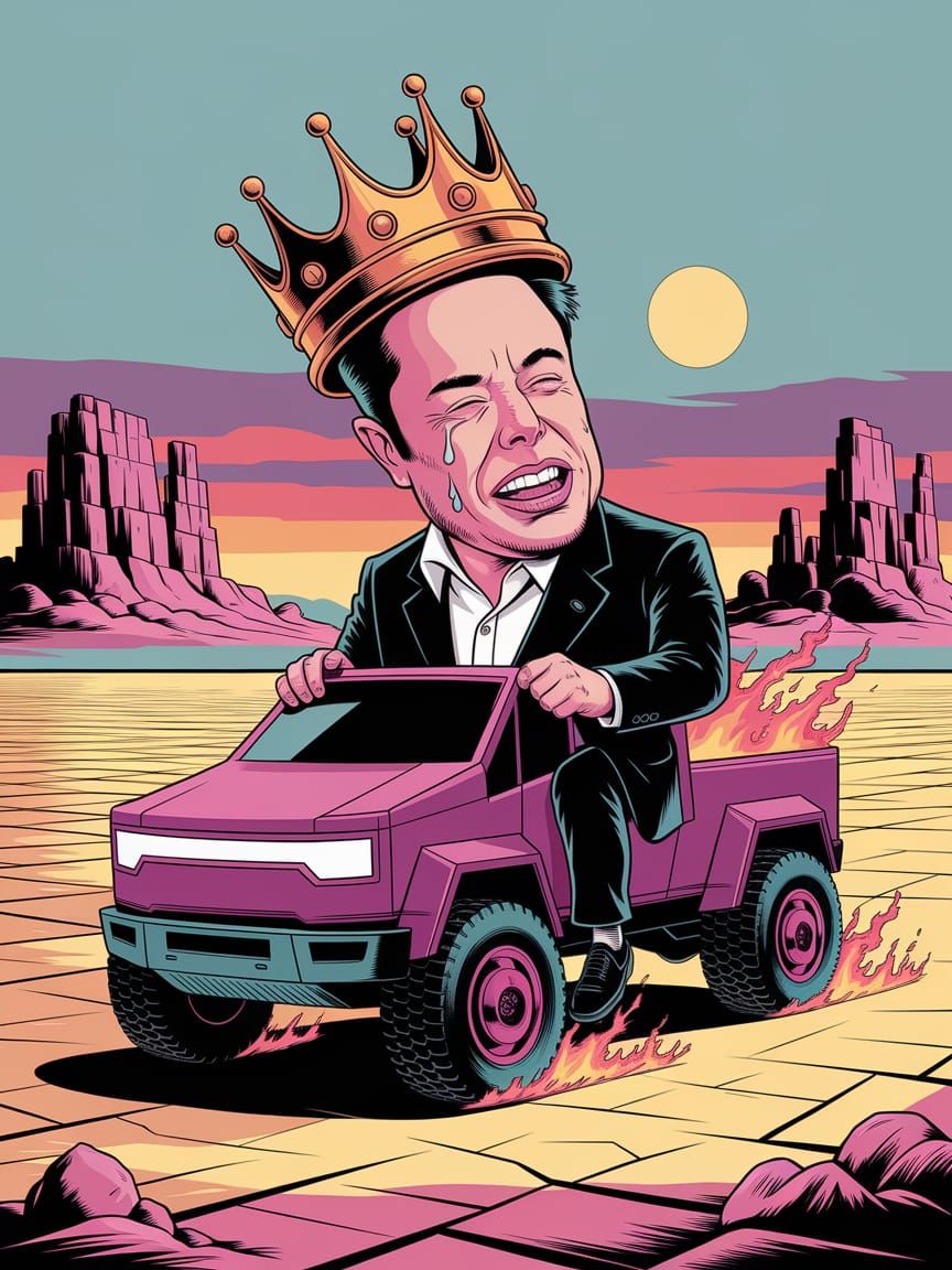 Elon Musk Crying in Burning Cybertruck, Cartoon Realism