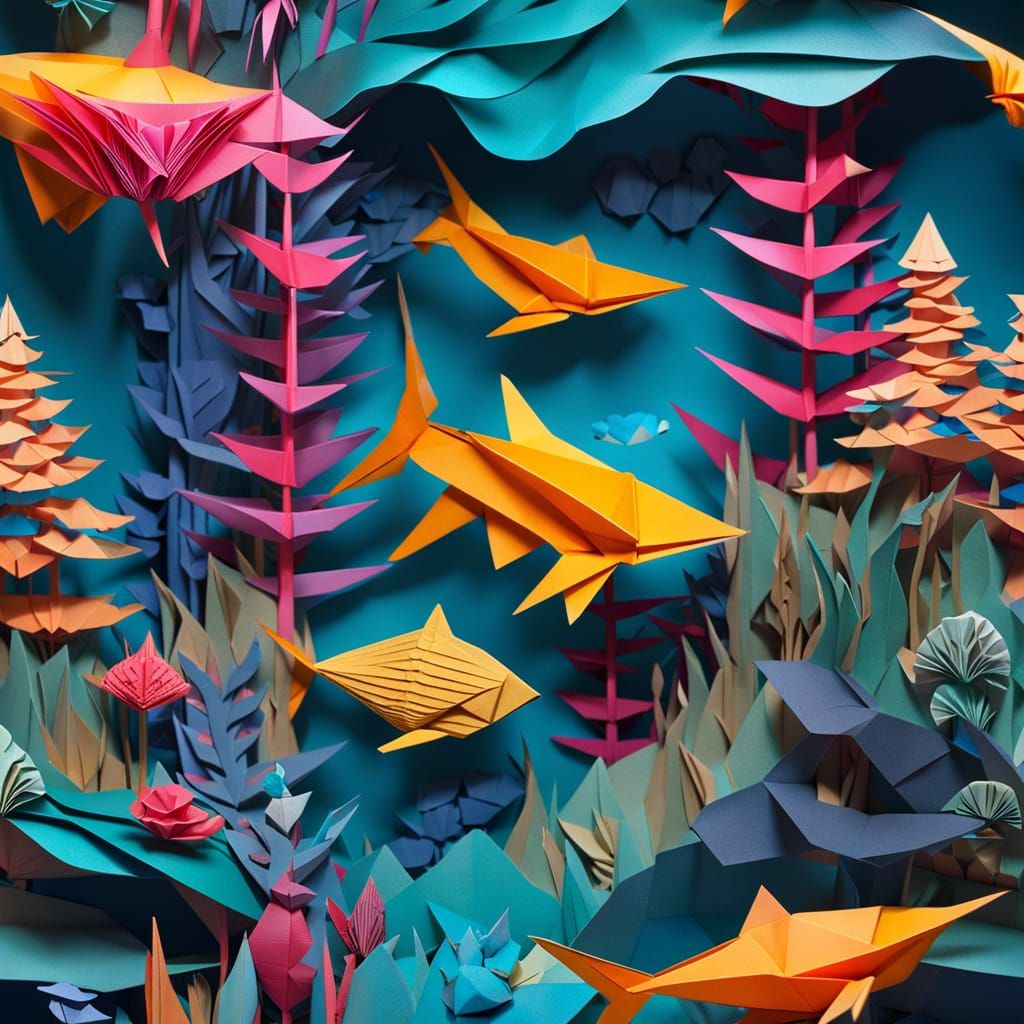 Underwater Origami Fantasy Landscape in Papercraft Style